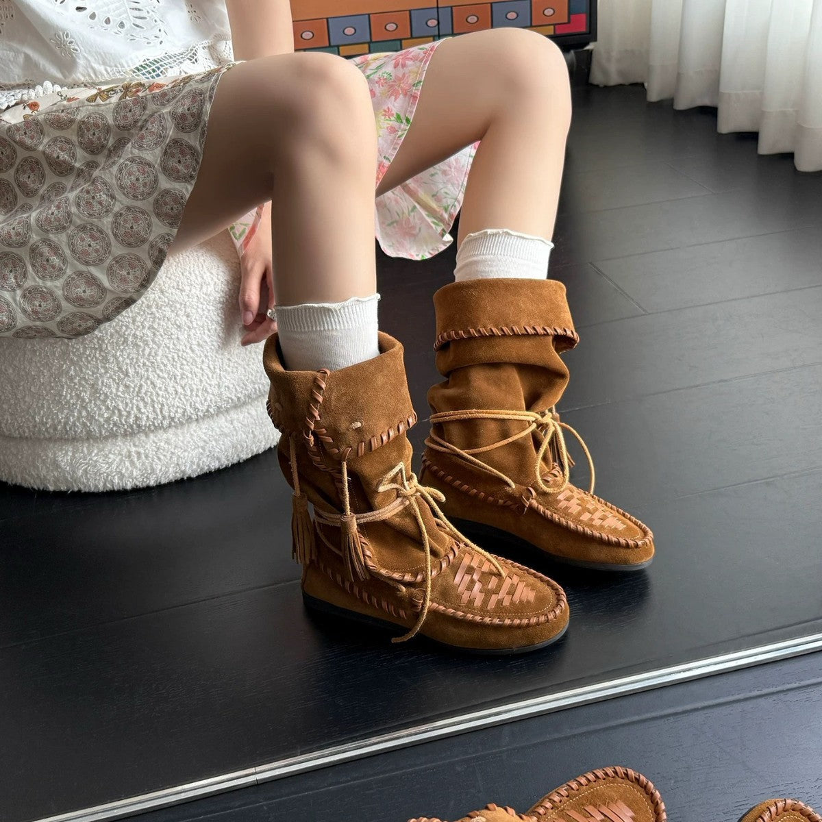 Bohemian Style Slimming Tied Height Increasing Insole Retro Tassel Western Boots
