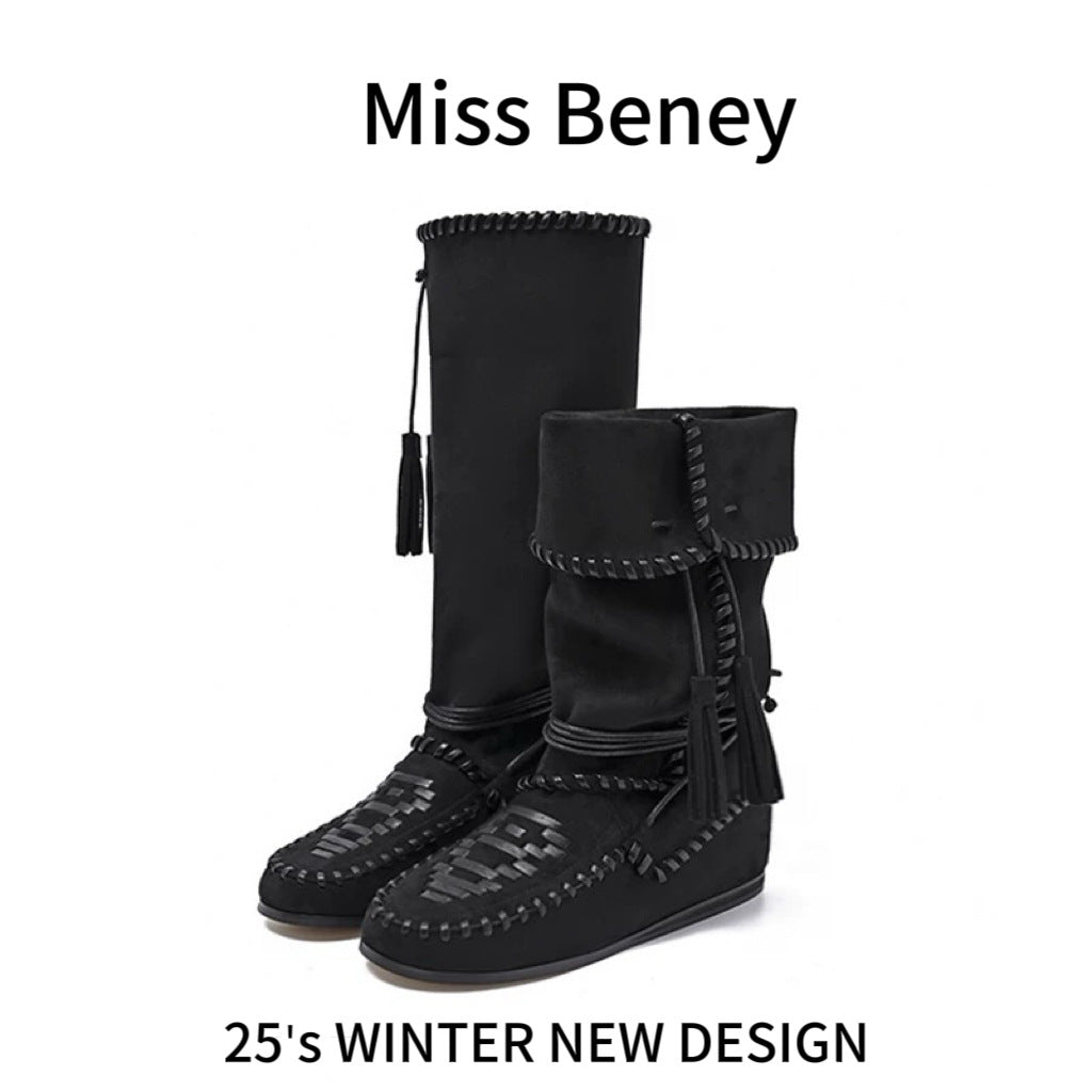 Bohemian Style Slimming Tied Height Increasing Insole Retro Tassel Western Boots