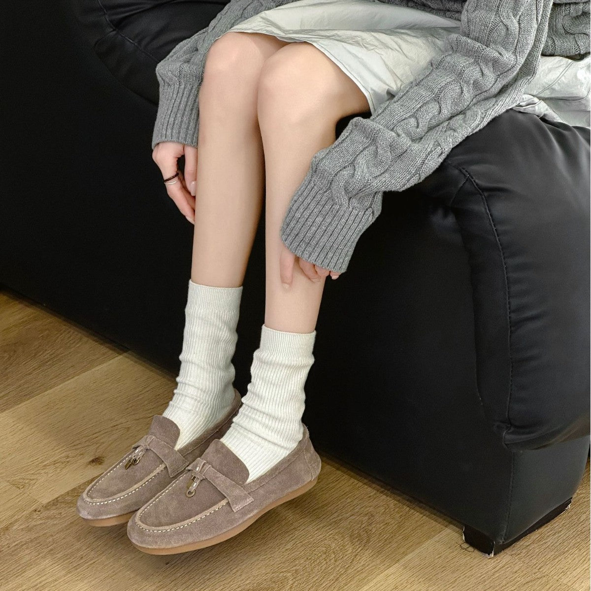 British Cow Split Retro Easy Matching Flat Metal Buckle Small Loafers