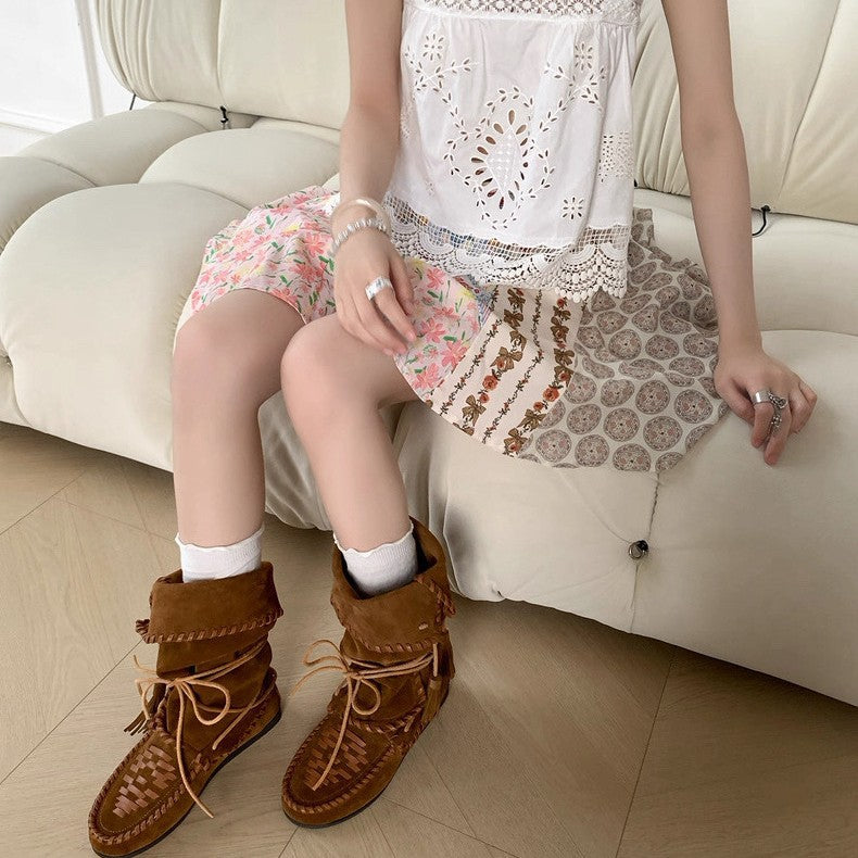 Bohemian Style Slimming Tied Height Increasing Insole Retro Tassel Western Boots