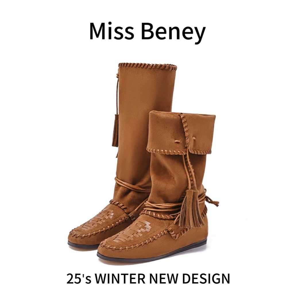 Bohemian Style Slimming Tied Height Increasing Insole Retro Tassel Western Boots