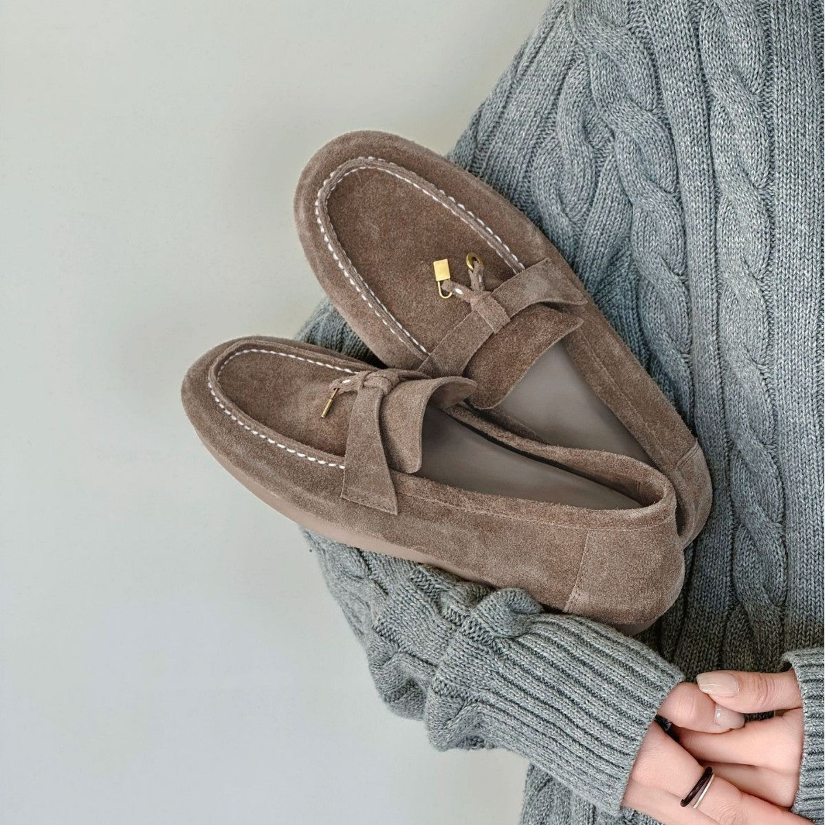 British Cow Split Retro Easy Matching Flat Metal Buckle Small Loafers